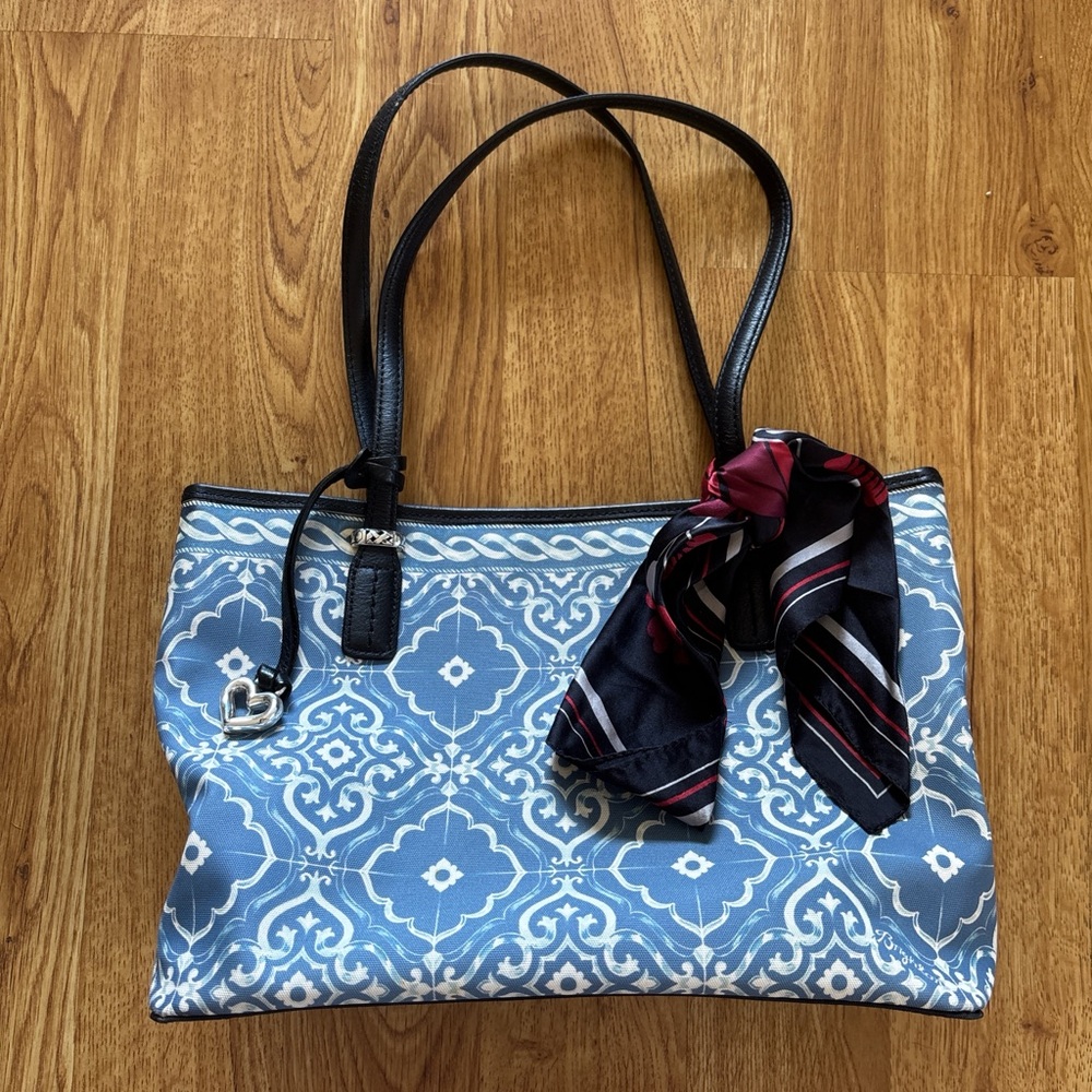 brighton black leather trim coated canvas tote in barbados blue